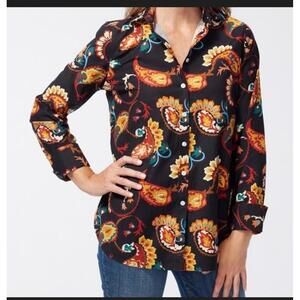 Chicos Top Womens 2 Large 12 Button Up Black Colorful Paisley Non Iron Career